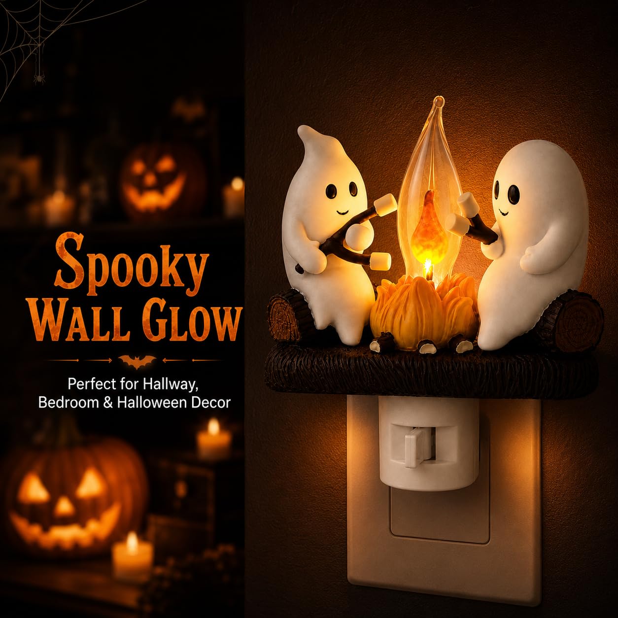 MXXT Ghost Campfire Night Light, Plug-in Wall Flickering Flame Nightlight, Halloween 3D Cute Spooky Marshmallow Ghost Decoration for Bedroom, Spooky Season Home Halloween Decor for Kids Adults
