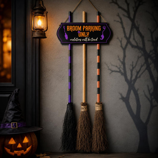 Porch Halloween Decorations - Halloween Broom Parking Sign with 3 Wooden Witches Brooms Decor - Witches Decoration Sign for Home Indoor Outdoor Front Porch Wall Office