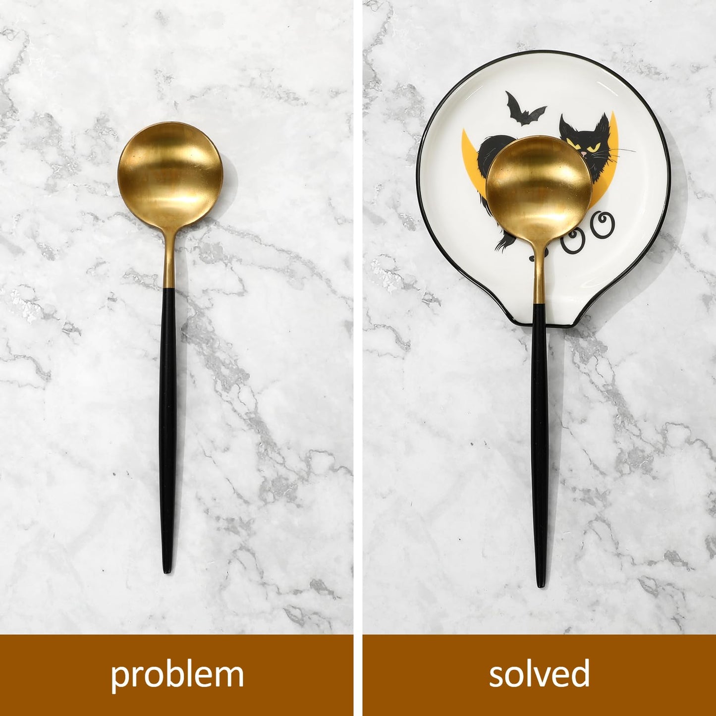 Whaline 2Pcs 4.7inch Black Cat Ceramic Spoon Rest Spooky Pumpkin Small Coffee Spoon Holder for Halloween Coffee Stirrers Teaspoon Bar Spoon Coffee Station Bar Accessories