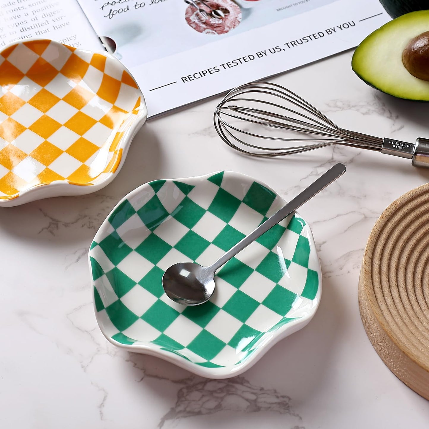 Koythin Ceramic Spoon Rest for Stove Top, Kitchen Counter, Heat-Resistant Utensil Holder, Cute Decorative Checkerboard Spoon Rest Dish for Cooking, Coffee Bar, and Countertop Decor (Orange)