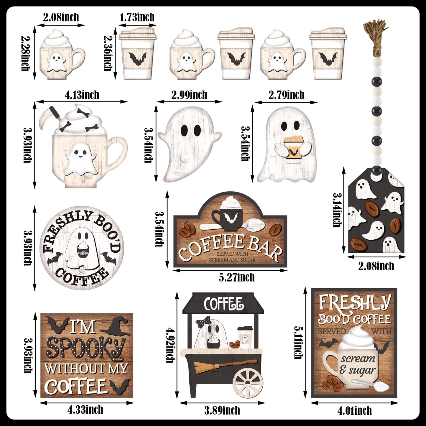 Wonderjune 19 Pcs Halloween Coffee Tiered Tray Decor Rustic Ghost Coffee Bar Table Decor Black and White Spooky Mini Wooden Signs Farmhouse Halloween Decorations for Home Table Office Party Supplies
