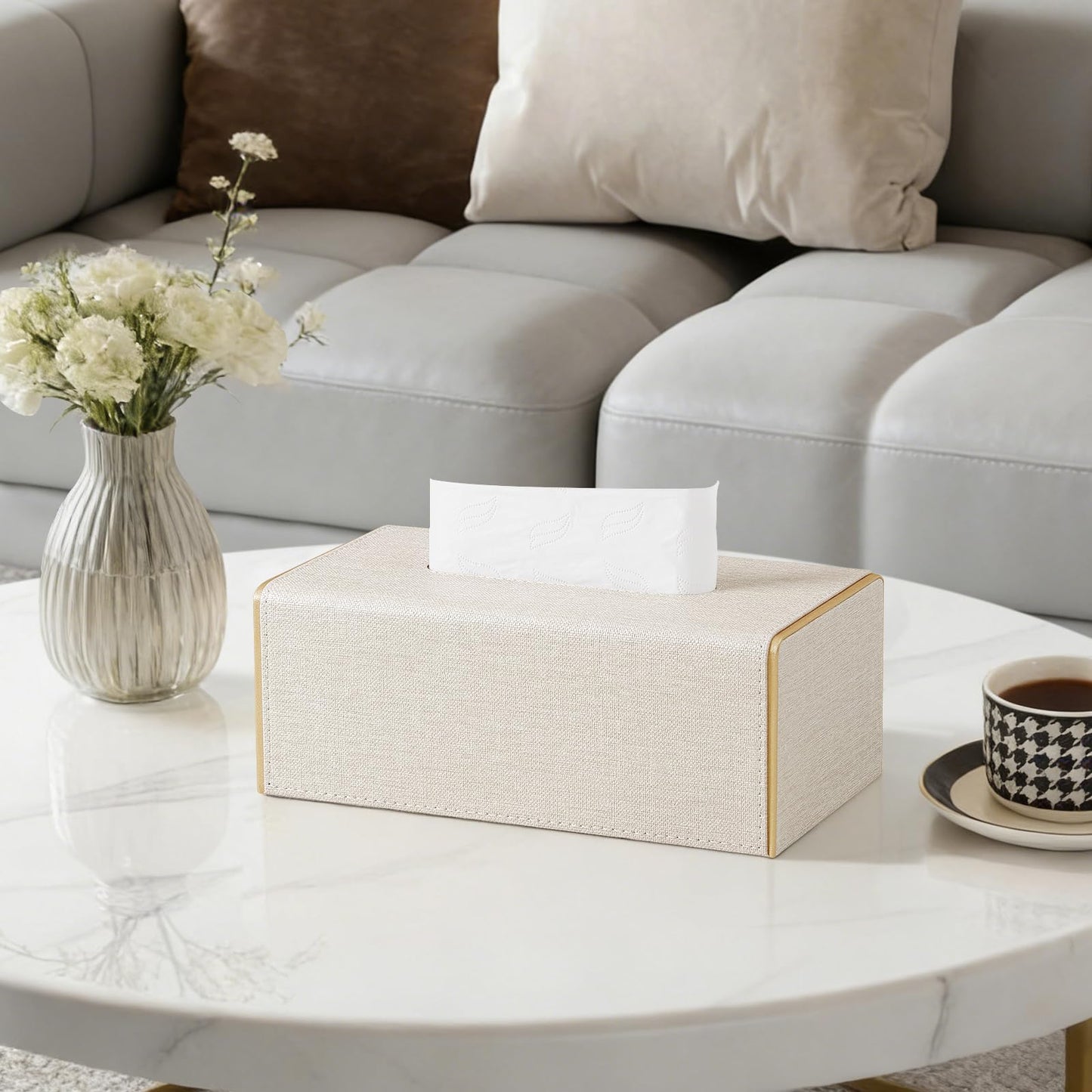 JLAMBOM Linen Tissue Box Cover Rectangle, 4 Sizes PU Leather Tissue Box Cover with Bottom, Decorative Tissue Holder for Bathroom Nightstand Car Office (Medium – Fits Tissue Boxes Up to 3.4" Tall)
