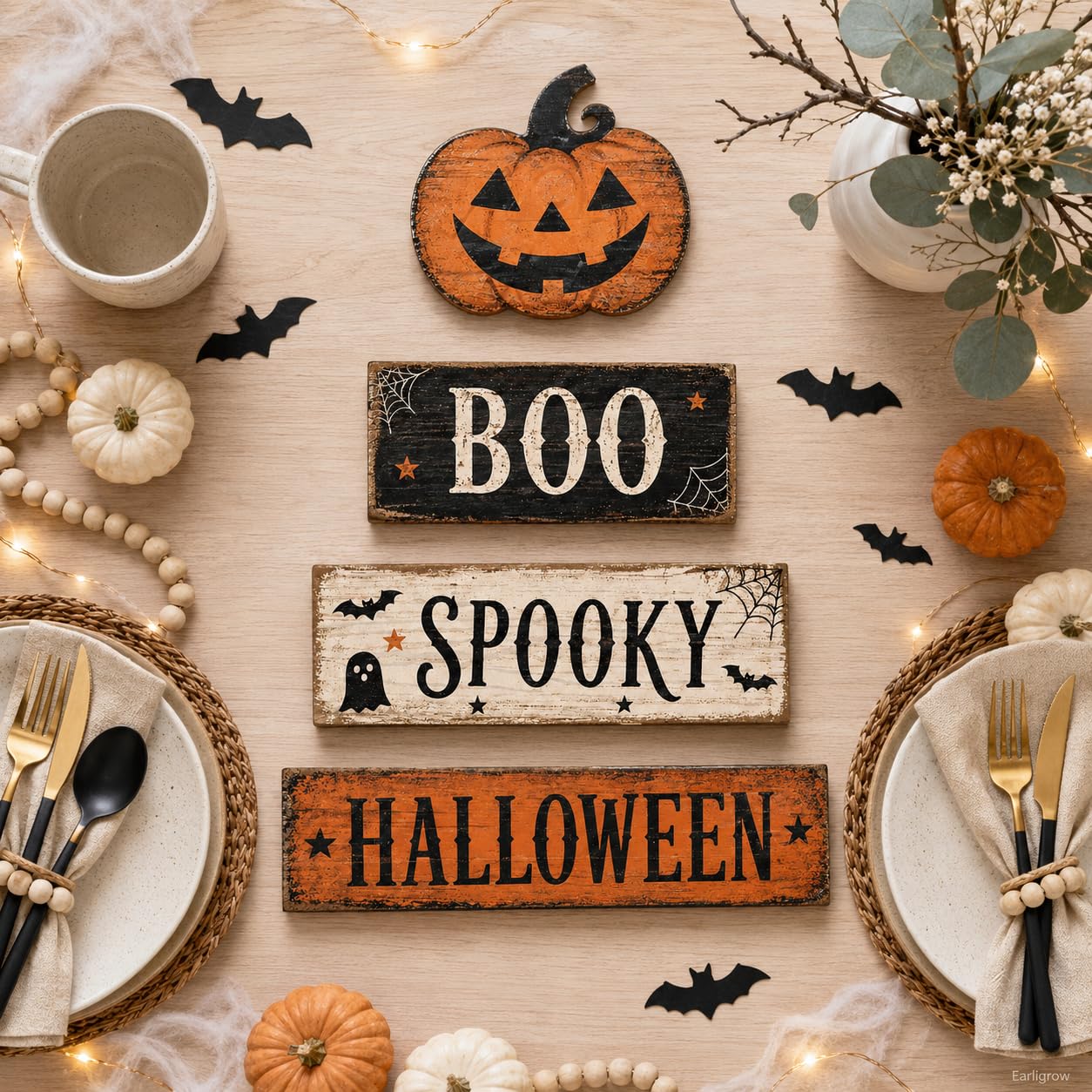 4 Pcs Halloween Table Decorations, Spooky Boo Tiered Tray Decor, Wooden Block Signs with Jack-O-Lantern, Farmhouse Rustic Tabletop Centerpiece for Home Shelf Kitchen Coffee Bar