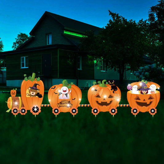 Yinkin 4 Pcs Halloween Pumpkin Train Decor Halloween Yard Signs Outdoor with LED Lights and Stakes Happy Trick or Treat Corrugate Pumpkin Ghost Stakes for Garden Indoor Lawn Patio Courtyard Home Decor