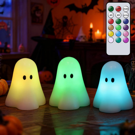 Eldnacele Ghost Figurine Flameless Candles Battery Operated with Remote and Timer Set of 3 Color Changing LED Pillar Candle White Real Wax Long Lasting Spooky Cute Halloween Indoor Decor(3"D x 3.5"H)