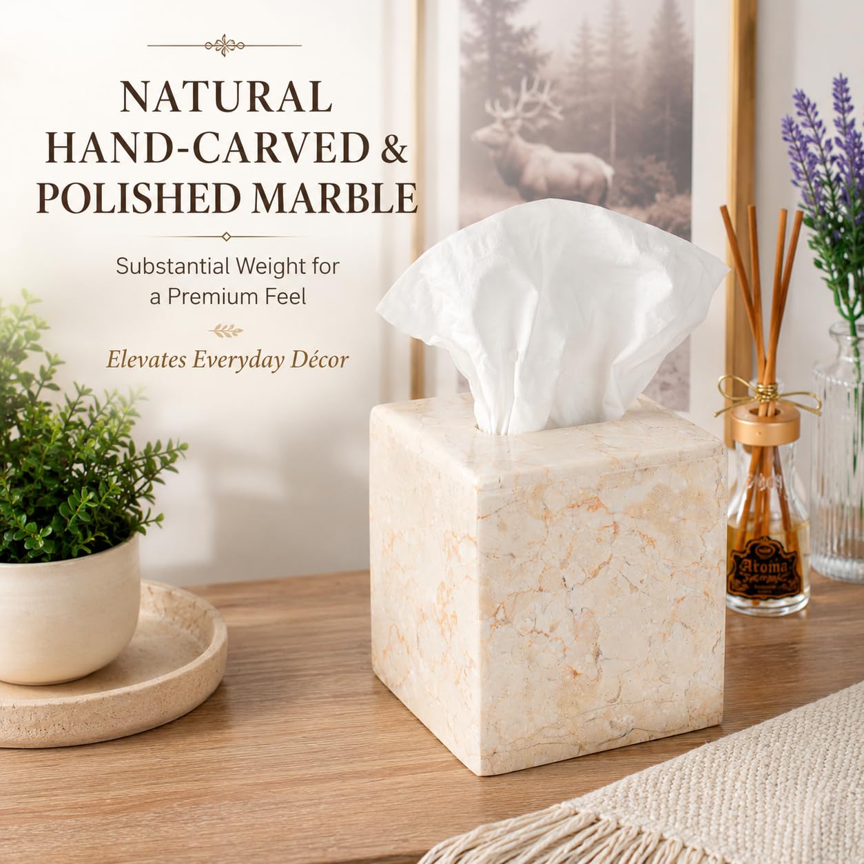 Creative Home Natural Marble Tissue Box Cover, Square Beige Tissue Holder