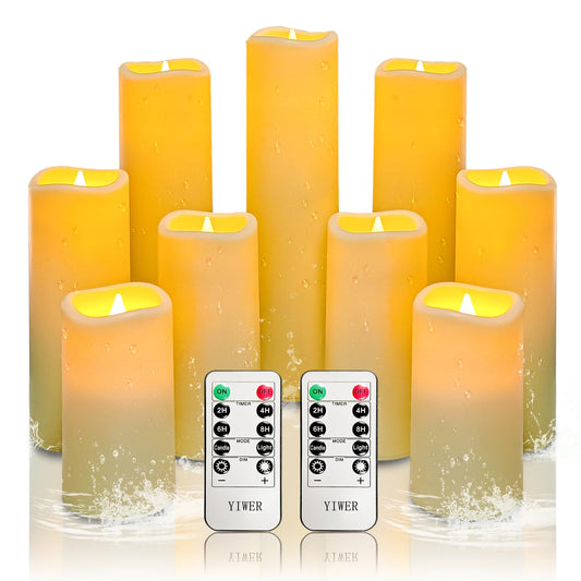 YIWER Waterproof Flameless Candles, Outdoor Battery Operated LED Pillars Candles, Electric Fake Candle Set of 9 with Remotes, Halloween, Christmas Decorations