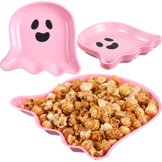 Sawysine 24 Pieces Halloween Party Serving Trays, Plastic Orange Pumpkin Black Cat White Ghost Plates Halloween Party Tableware Supplies for Holiday Decorations(Pink,Ghost)
