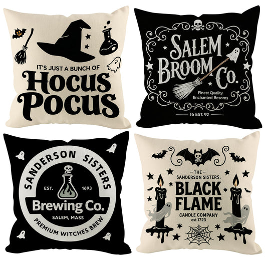 HDVUHKI Halloween Pillow Covers 20x20 inch Set of 4, Linen Outdoor Cute Ghost Vintage Hocus Pocus Saying Farmhouse Party Supplies Black and White Decorations for Sofa Couch