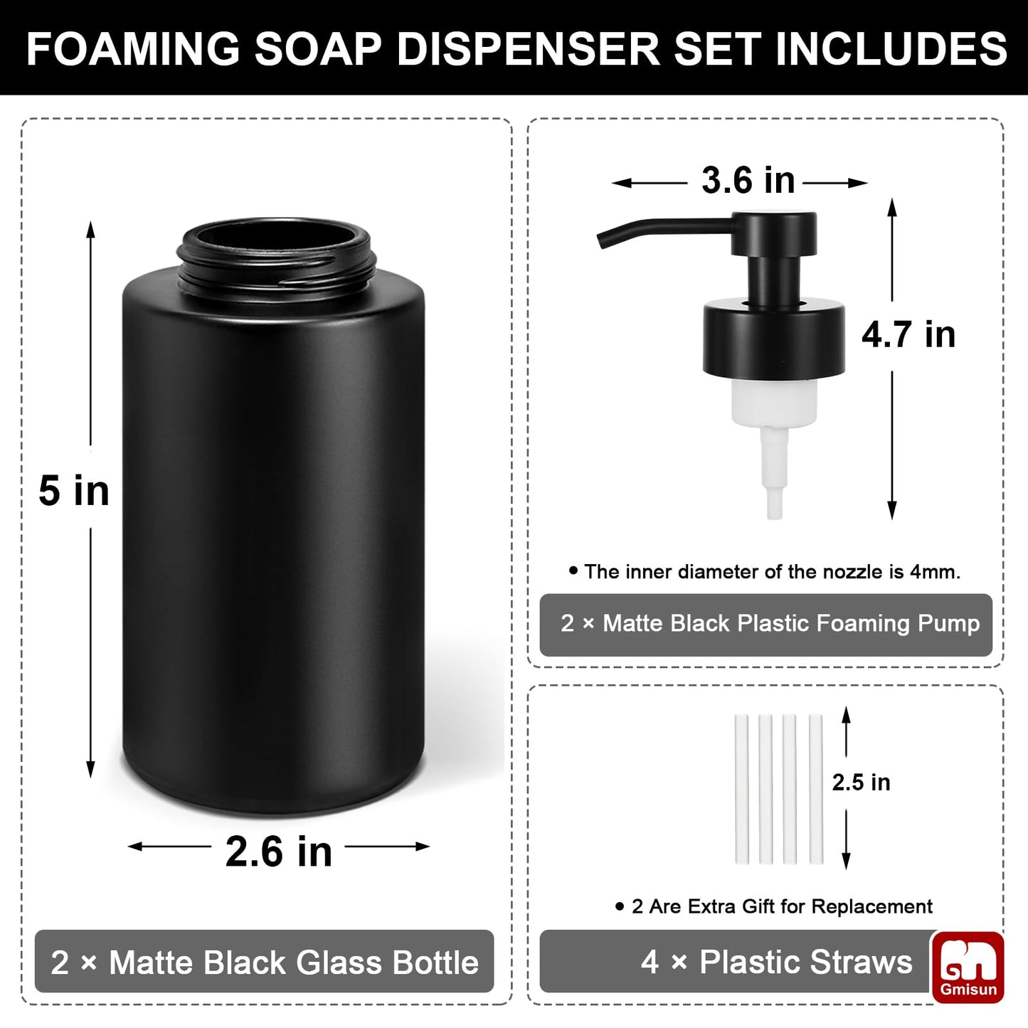 GMISUN Foaming Soap Dispenser, 10 Fl oz/300 ml Matte Black Glass Foaming Hand Soap Dispenser, 2Pcs Hand Soap Dispensers for Bathroom & Kitchen, Refillable Foam Soap Pump Bottle with Waterproof Labels