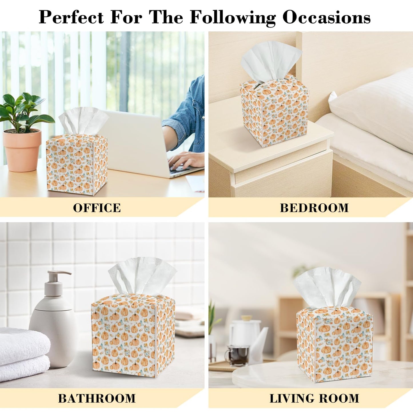 Boho Pumpkin Leather Tissue Box Cover Square Watercolour Tissue Holder for Car Livingroom Office Decor Ideal Gifts for Women Mom Kids Family Bestie Thanksgiving Birthday Halloween Autumn - YT0197