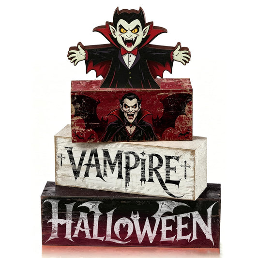 4 Pcs Halloween Table Decorations, Vampire Figurine Wooden Block Signs, Tiered Tray Decor with Gothic Bat, Vintage Farmhouse Tabletop Centerpiece for Home Kitchen Shelf Mantel Office Desk