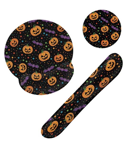 Halloween Pumpkin Bat Keyboard Wrist Rest Pad Mouse Pad Set,Ergonomic Mousepad Wrist Support Memory Foam Desk Pad for Gaming Office,Non-Slip Rubber Base Easy Typing for Home Office Computers