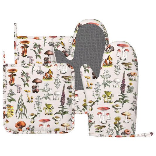 CEVIOLINRE Vintage Botanical Oven Mitts and Pot Holders Set Silicone Heat Resistant Plants Herbs Mushroom Kitchen Gloves Set Nature Floral Kitchen Mittens Pot Holders for BBQ Cooking Baking Grilling
