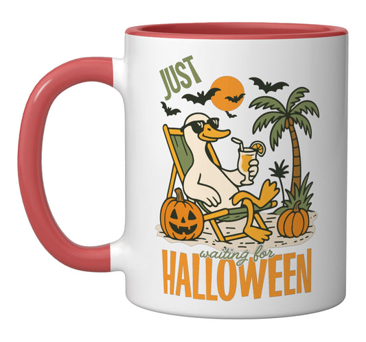 Funny Summerween Goose Beach Just Waiting For Halloween Duck Ceramic Mug, Red/White