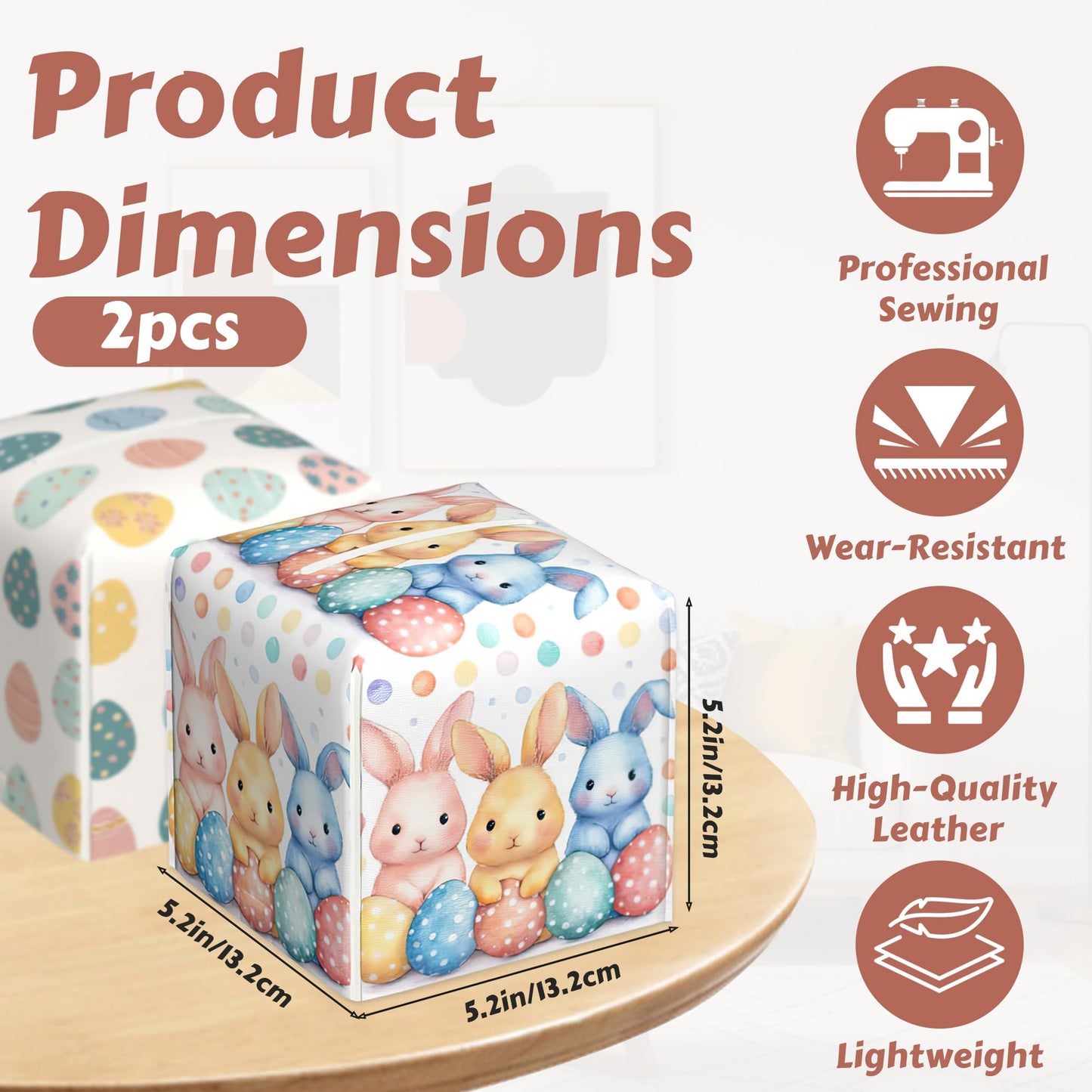 Easter Egg Bunny Tissue Box Holder, Leather Tissue Box Cover Square, Paper Facial Decorative Tissues Cover for Bathroom Home Car Nightstand Vanity Desk, 2 Pcs