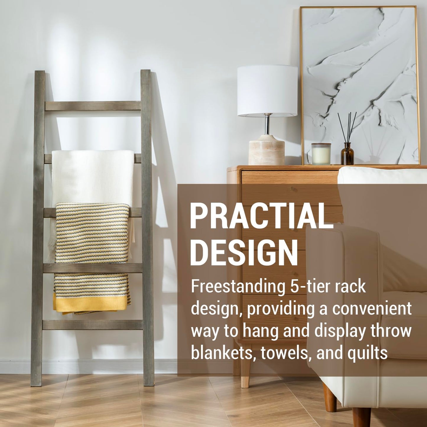 MyGift 54 inch Tall Fully Assembled Wood Blanket Ladder, 5-Tier Wall Leaning Towel Rack, No Assembly, Gray