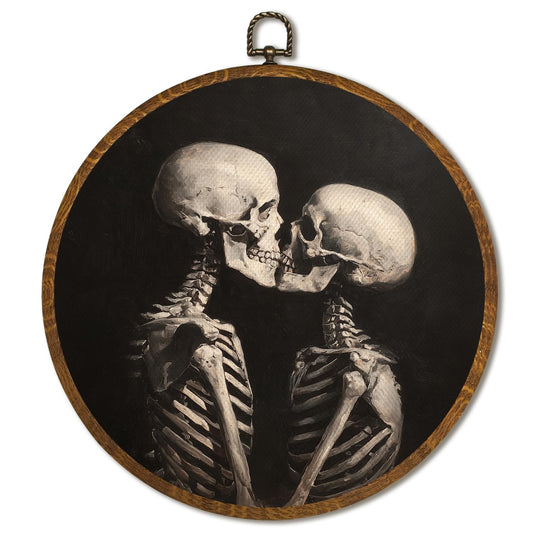 Vintage Wall Art Decor 10x10 Inch Framed - Dark Moody Gothic Decor, Vintage Skeleton Couple Kissing Circular Wall Art for Home Living Room, Gothic Romantic Wall Decor, Neutral Retro Artwork (Black-Skeleton)