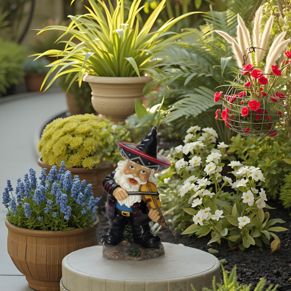 Nature's Mark Mariachi Garden Gnome Statue Playing Violin - Funny Mexican Sombrero Fiddler Gnome Figurine Indoor/Outdoor Decor, 10" Tall Resin Lawn Ornament