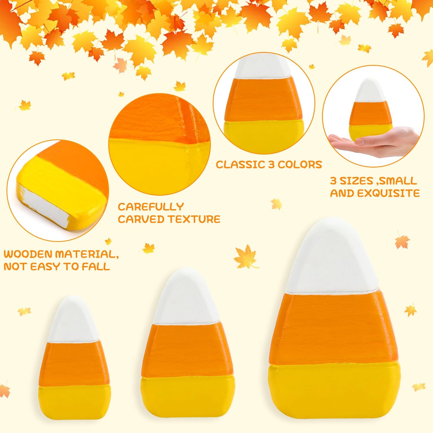 Jansun 3 Pcs Halloween Small Candy Corn Wood Decor 3 Sizes