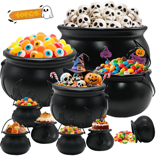 Witch Cauldron Halloween Decoration, 10 in 1 Package Large Black Plastic Candy Bowl Set, Cauldron Kettle Candy Holder Containers for Halloween Party Decor & Trick-or-Treat Bowl