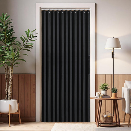 MIULEE Halloween Accordion Style Magnetic Folding Door Curtains for Doorways/Closet, Room Divider Pleated Drapes with Hooks for Interior Living Room/Open Closet, Black, W42 x L78 inches, 1 Panel
