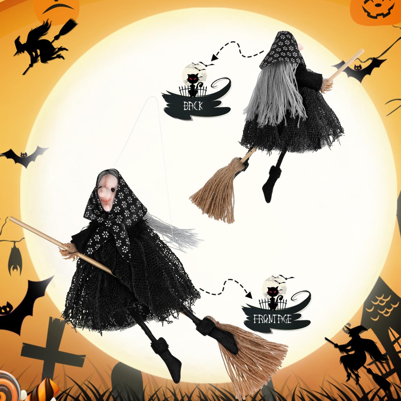 DIYEAH Halloween Witch Doll Decor with Broomstick for Indoor Outdoor Party Decoration, 9.44 Inch Grey Hanging Witch Figurine with Red Accents
