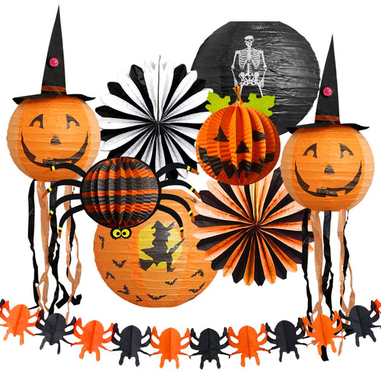 Halloween Party Decorations, Black Orange Party Supplies, Hanging Paper Lanterns Pumpkin Honeycomb Paper Fan Spider Garland Halloween Decorations for Kids Adults Home Decor Indoor Outdoor