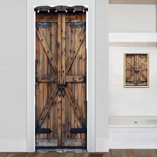 Shixiaoyan Wooden Barn Door Door Curtain Home Decor Black Iron Rustic Vintage Cowboy Closet Door Cover Curtain for Kids Boys Girls Teens Room Decor, 1 Panel 34" W X 80" L