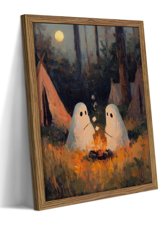 Framed Vintage Halloween Wall Art, Camping Ghosts Cozy Fireplace Canvas Prints, Gothic Whimsigoth Decor Cute Spooky Poster, Farmhouse Halloween Wall Decor, Ready to Hang 8x10in Wood Frame