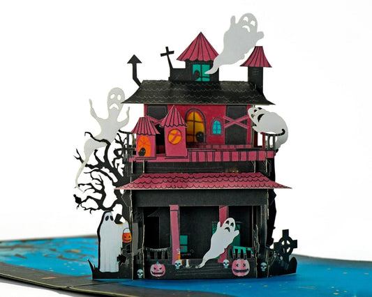 iGifts And Cards Halloween Haunted Mansion 3D Pop-Up Card – Spooky Ghost House, Pumpkins & Bats – 6"x6" Creepy Greeting Card for Trick-or-Treaters, October Birthdays, Parties & Eerie House Gifts