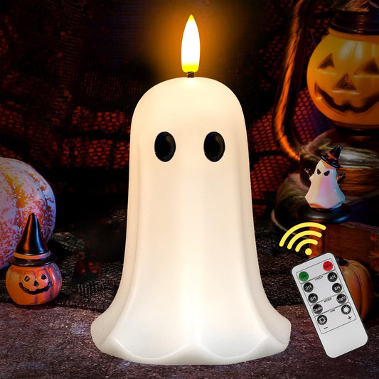 Halloween Ghost Flameless Candle with Timer – LED Candle with Flickering Flame, Real Wax, Remote Control, Spooky Halloween Decorations Indoors, Cute Tabletop Decor for Mantel Home, Battery Operated