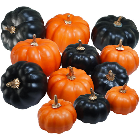 Winlyn 12 Pcs Artificial Orange & Black Pumpkins - Small Decorative Fall Pumpkins for Autumn Harvest, Thanksgiving, Home Party, Wedding Centerpiece, Table Mantel