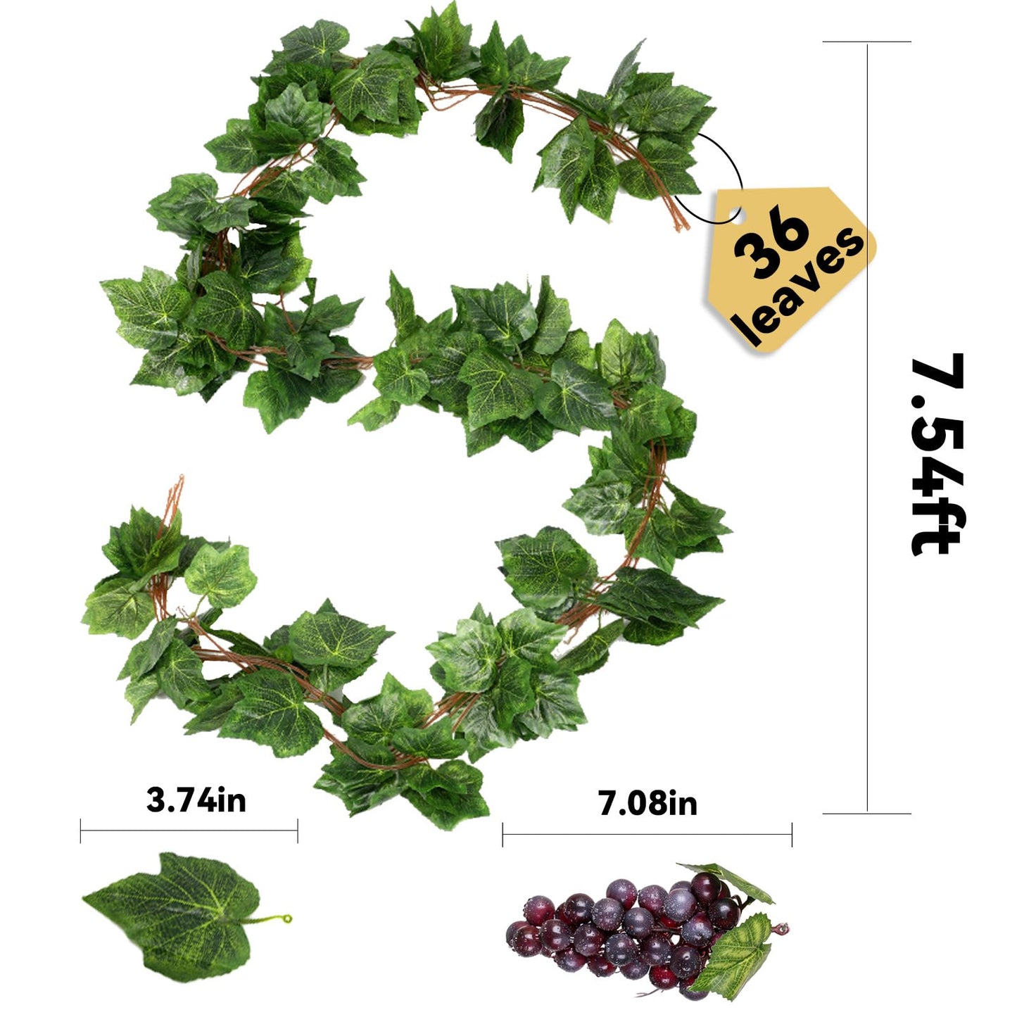 5Pcs 36 Leaves Artificial Greenery Garlands Hanging Leaves with 5 Strings 36 Purple Grapes for Faux Grape Leaf Garland Vine Plants for Indoor Outdoor Wedding Garden Home Party Wine Rack Decor