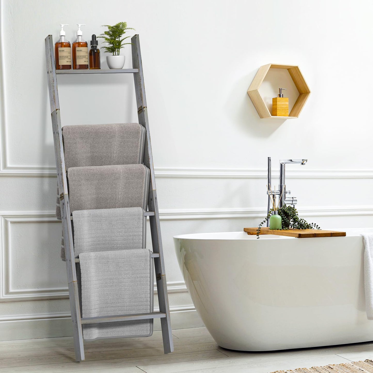Honest Blanket Ladders for the Living Room, 6-Tier Blanket Holder, Wall-Leaning Blanket Rack, Ladder Shelves, Wooden Quilt Ladder, Farmhouse Decor, Grey
