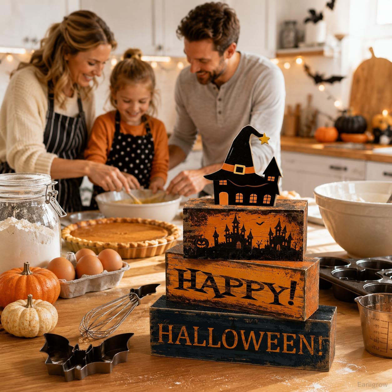 4 Pcs Halloween Table Decorations Distressed Rustic Farmhouse Tiered Tray Decor Stackable Wooden Block Signs with Hat haunted House Topper, Happy Halloween Tabletop Centerpiece for Home Kitchen Office Mantel Shelf Party