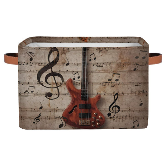 AUUXVA Storage Basket Vintage Music Guitar Storage Cube Box Durable Canvas Collapsible Toy Basket Organizer Bin with Handles for Shelf Closet Bedroom Home Office