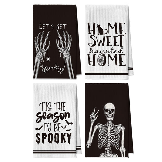 Artoid Mode Skeleton Hand Spooky Halloween Kitchen Dish Towels, 18x26 Inch Quick Dry Microfiber Hand Towels for Kitchen Drying Set of 4