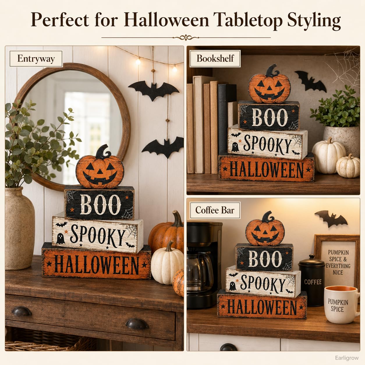 4 Pcs Halloween Table Decorations, Spooky Boo Tiered Tray Decor, Wooden Block Signs with Jack-O-Lantern, Farmhouse Rustic Tabletop Centerpiece for Home Shelf Kitchen Coffee Bar