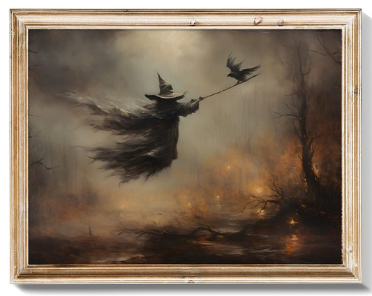 RETRART Vintage Witchy Wall Decor Moody Dark Gothic Posters Halloween Vintage Room Decor Aesthetic, Halloween Wall Art Witch Holding Magic Wand Crow, Vintage Rustic Wall Decor 11x14 inches -Unframed