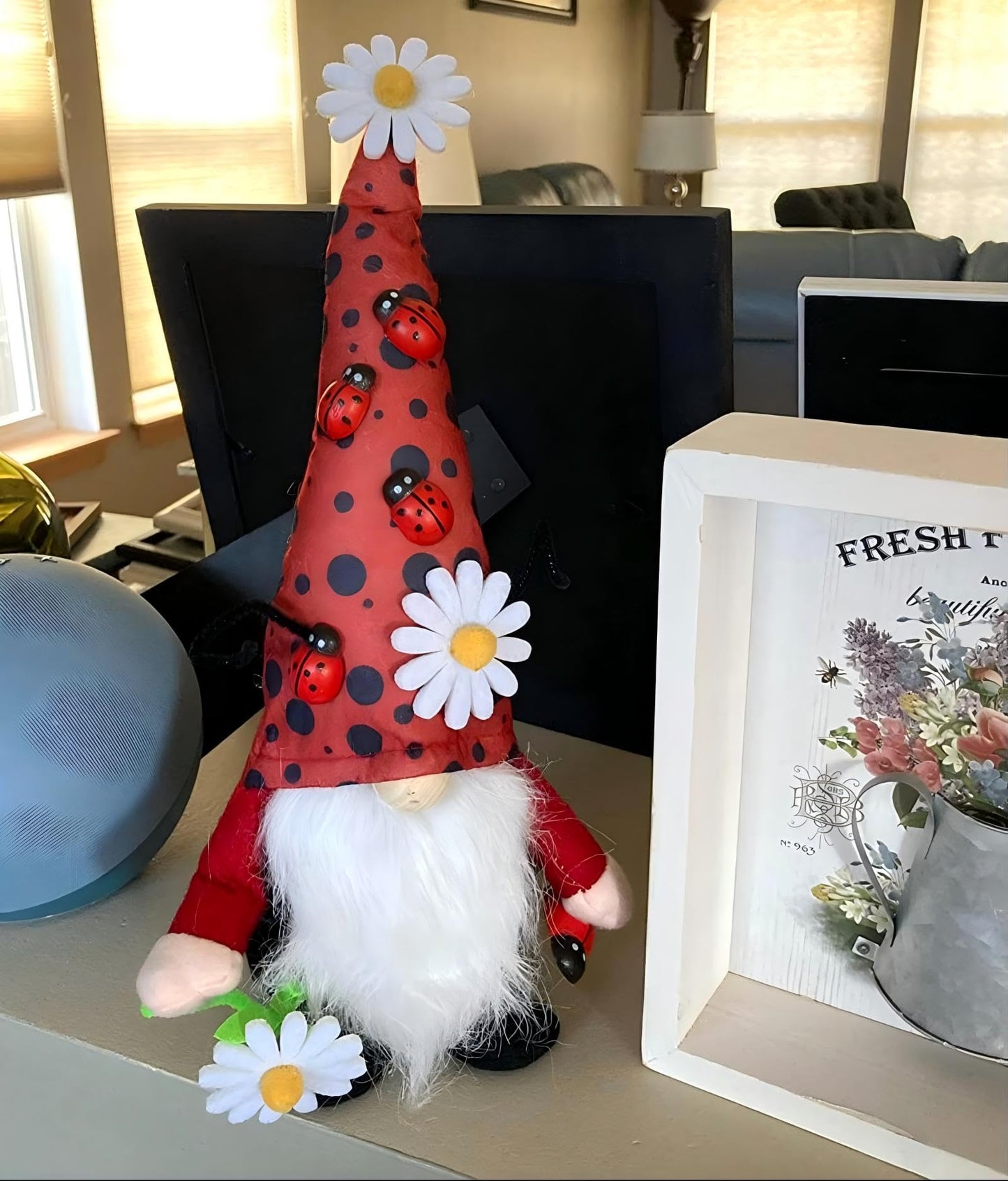 Gwindrise Small Ladybug Gnome Plush, Spring Summer Home Decor, Red Polka Dot Hat with Daisies, White Beard, Ideal Kitchen or Tiered Tray Summer Display