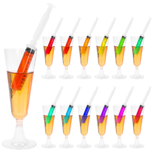 yeload Fun Halloween Champagne Flutes with Syringes – 12 Pack 5 oz Clear Disposable Wine Glasses – Spooky Party Cups for Adult Halloween Events & Easy Cleanup