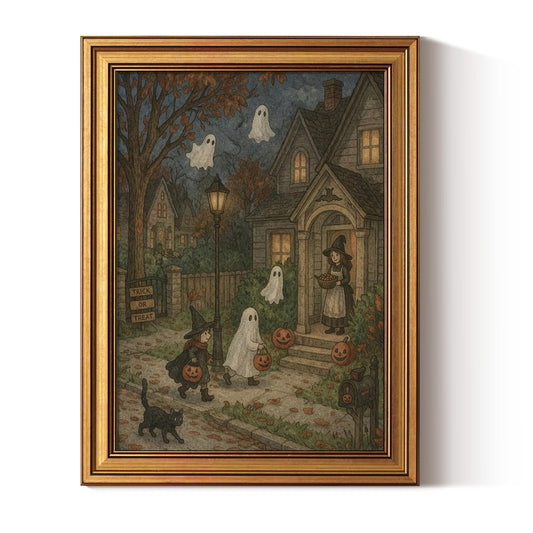 ARPEOTCY Vintage Halloween Wall Art Decor, Unique Trick-or-Treat Ghost Scene Picture, Fall Rustic Decor for Shelf Kitchen Bathroom, Gold Framed Canvas Art, 16x12in,Small Size