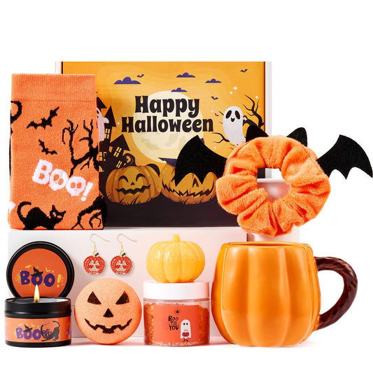 Larchio Boo Basket Stuffers for Women Teen Girls, Halloween Gifts for Teens Adult with Pumpkin Mug Halloween Socks and Self Spa Gift for Family Friends