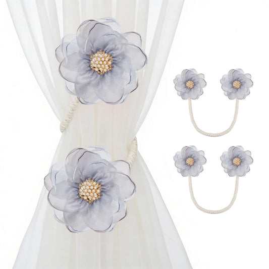 AULEEP 2 Pack Flower Curtain Tiebacks, No Drill Curtain Tie Backs for Drapes, Premium Fabric Curtain Ties, Decorative Curtain Hoodbacks for Home Living Room Bedroom Office, Light Gray