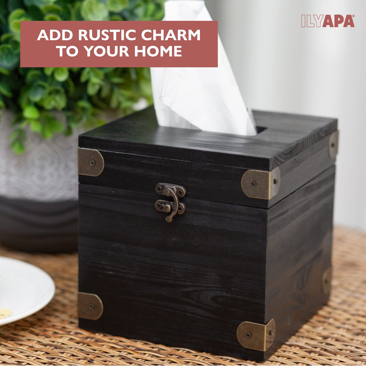 Ilyapa 5 x 6 Rustic Tissue Box Holder - Hinged Lid Tissue Dispenser for Bathroom Living Room Bedroom - Black Weathered Wood