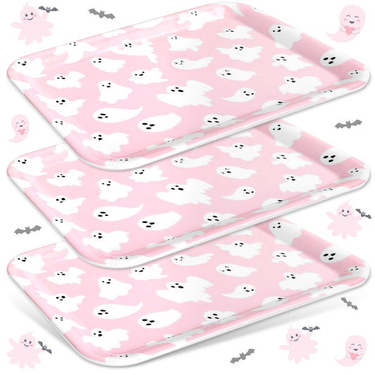 JarThenaAMCS 3Pcs Halloween Serving Trays Pink Ghost Platter Cute Ghost Reusable Serving Dishes for Birthday Baby Shower Party Sharing Snacks Fruit Dessert, 13 x 10 Inch