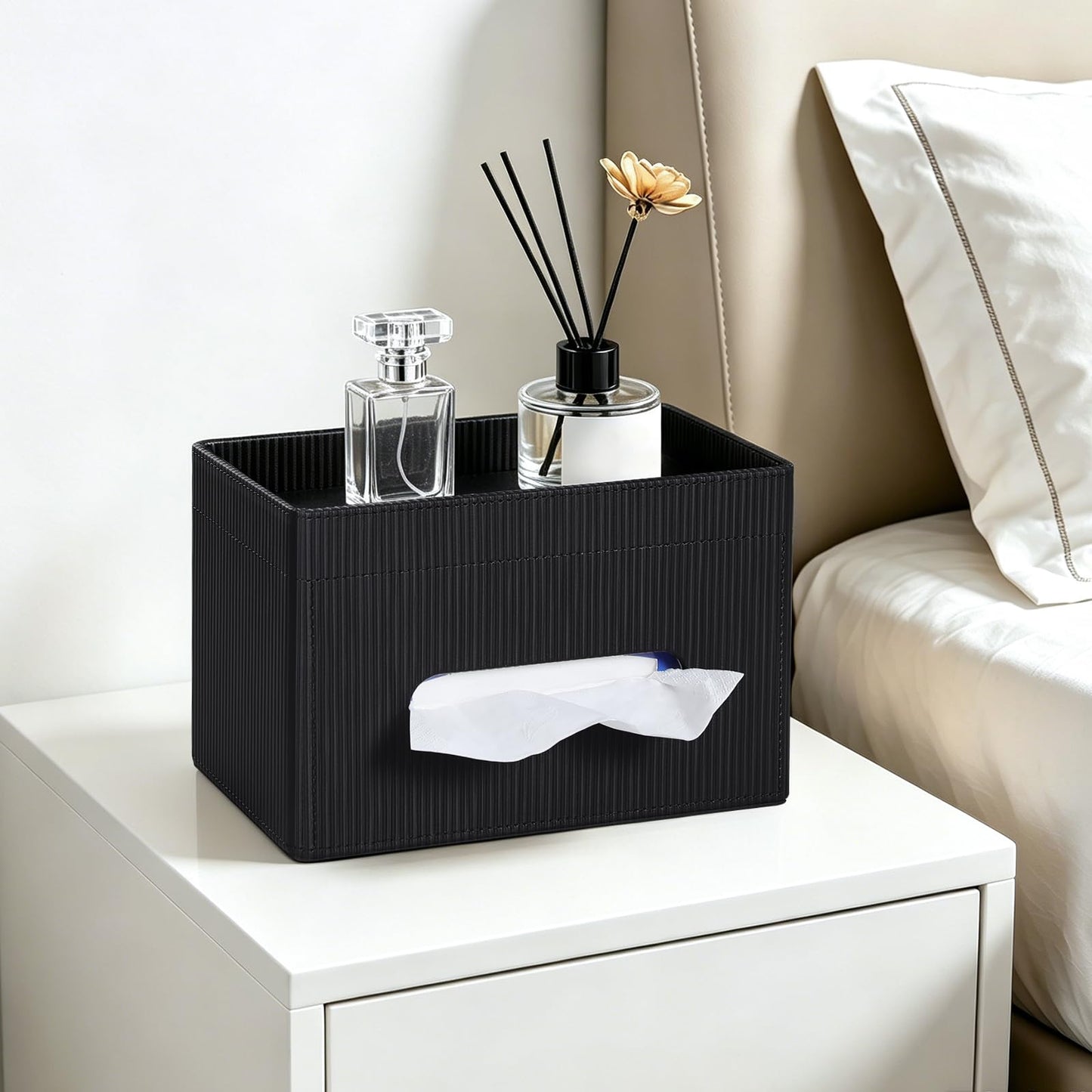 Cretkhp Tissue Box Cover Rectangle with Storage Tray, PU Leather Tissue Holder for Bathroom Vanity Countertop Night Stands Bedroom Office Desk, Stylish Rectangular Tissue Box Holder (Black)