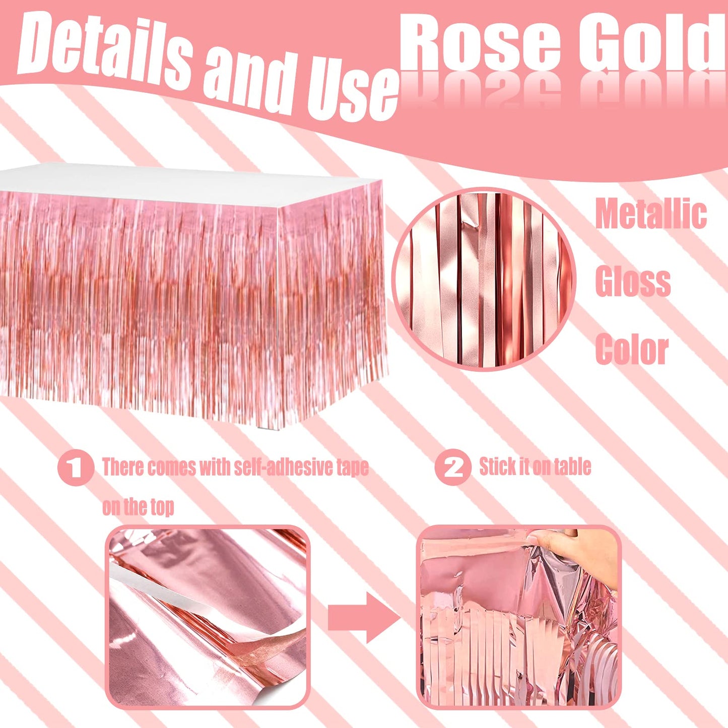 4 Pack 29x108 Inch Metallic Foil Fringe Tinsel Table Skirts for Rectangle Tables Streamer Backdrop for Wedding, Birthday, Parade Floats, Christmas, Halloween Party Decoration(New Rose Gold)