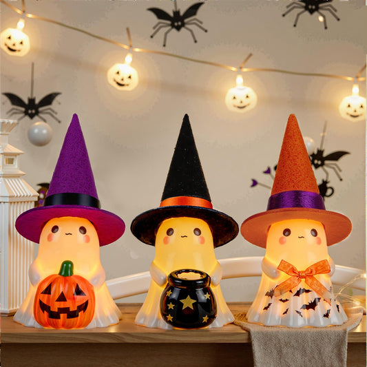 UNDWXFS Halloween Decorations Indoor,3Pcs Cute Spooky Ceramic Ghost Halloween Decorations,Ghost Figurines with Hats - Adorable Tabletop Decor for Mantel,Party, Home, Porch Decor